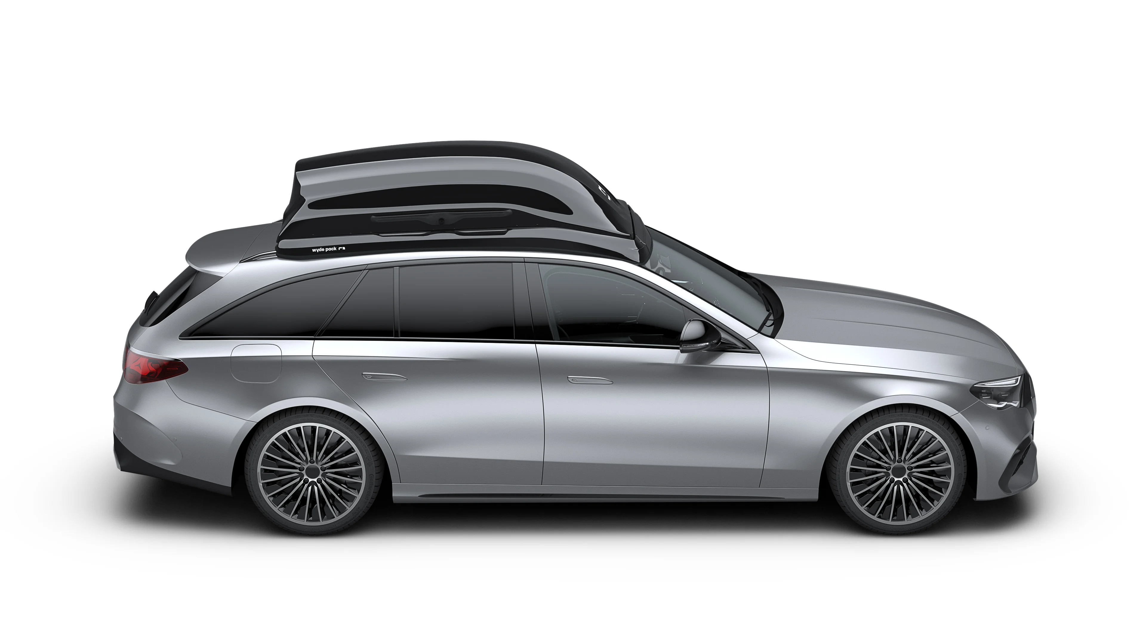 Dachbox Mercedes E-Klasse T-Modell (S214 / 2023 - heute) - wyde pack explore (L) - flache Mercedes E-Klasse T-Modell Dachbox schwarz Komplettsystem incl. Träger